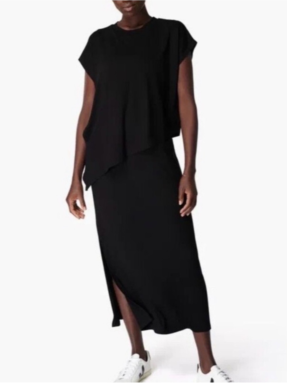 Sweaty Betty Black Mello Midi Dress with Asymmetric Overlay